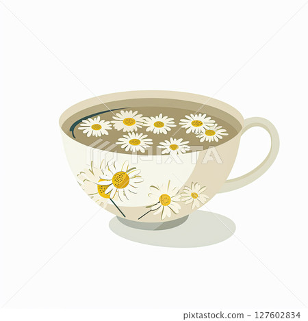 Chamomile Charm: Colorful Tea Cup  , in cartoon style, illustration 127602834