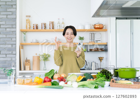 中年家庭主婦在廚房拿著智慧型手機 127602893