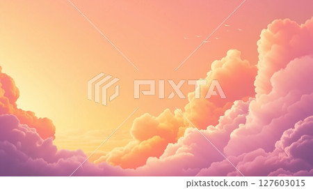 日落天空，粉紅色和橙色的雲彩 — — 夢幻而寧靜的天空背景 127603015