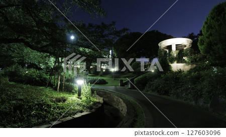 Night view of the hill park where you can see the harbor 127603096