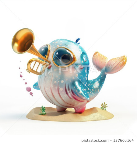 Blue whale playing a festive pipe, ocean-themed fun. 127603164
