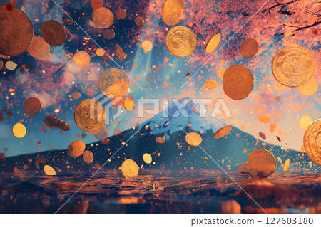 A fantastic rain of falling gold coins and banknotes with Mount Fuji and cherry blossoms in the background 127603180