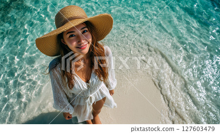 A woman in white and the blue sea A woman in white and the blue sea 127603479