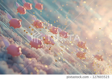 A horde of blessings: The pink piggy bank and gold coins that rain down on you portray the fantasy of investment, happiness, and success 127603523