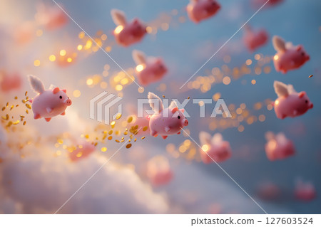 祝福如雨般落下的粉紅豬存錢筒和金幣，象徵投資、幸福和成功的幻想 127603524