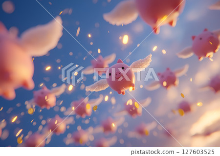 祝福如雨般落下的粉紅豬存錢筒和金幣，象徵投資、幸福和成功的幻想 127603525