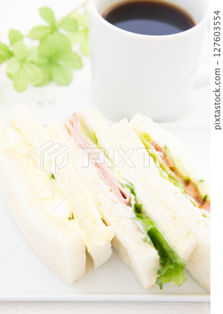 美味的混合三明治、火腿和生菜三明治、雞蛋三明治、蔬菜三明治和咖啡 127603554