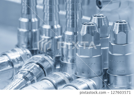 Close up scene the group of quick release coupling set in the light blue scene. 127603571