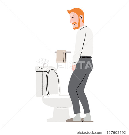 A relaxed man uses the toilet comfortably A relaxed man uses the toilet comfortably 127603592