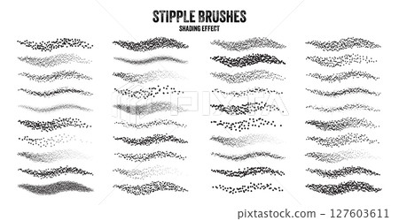 Ink scatter brush, stipple drawing and texturing. Fading gradient. Stippling, dotwork drawing, shading using dots. Halftone disintegration effect. White noise grainy texture. Vector illustration 127603611