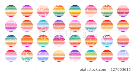 Grunge vintage colorful sunset. Striped gradient sunrise badges in 80s and 90s style. Sun and ocean view, summer vibes, surfing. Design element for print, logo or t-shirt. Vector illustration 127603615