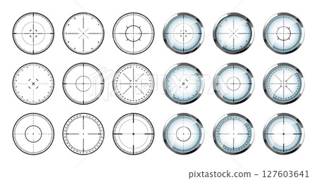 Chrome weapon sights, sniper rifle optical scopes. Hunting gun viewfinder with crosshair. Aim, shooting mark symbol. Military target sign, silhouette. Game interface UI element. Vector illustration 127603641