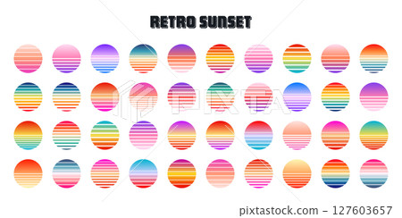 Vintage colorful sunset. Striped gradient sunrise badges in 80s and 90s style. Sun and ocean view, summer vibes, surfing. Design element for print, logo or t-shirt. Vector illustration 127603657