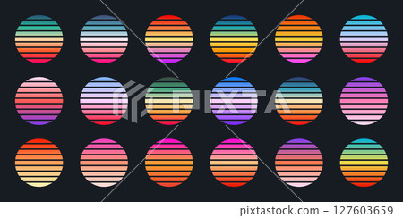 Vintage colorful sunset. Striped gradient sunrise badges in 80s and 90s style. Sun and ocean view, summer vibes, surfing. Design element for print, logo or t-shirt. Vector illustration Vintage colorful sunset. Striped gradient sunrise badges in 80s and 90s style. Sun and ocean view, summer vibes, surfing. Design element for print, logo or t-shirt. Vector illustration 127603659
