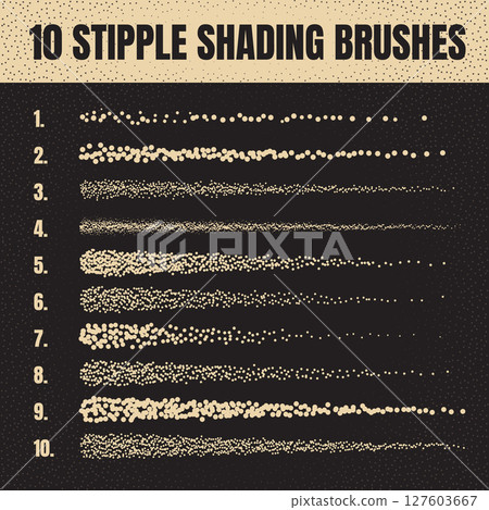 Ink scatter brush, stipple drawing and texturing. Fading gradient. Stippling, dotwork drawing, shading using dots. Halftone disintegration effect. White noise grainy texture. Vector illustration 127603667