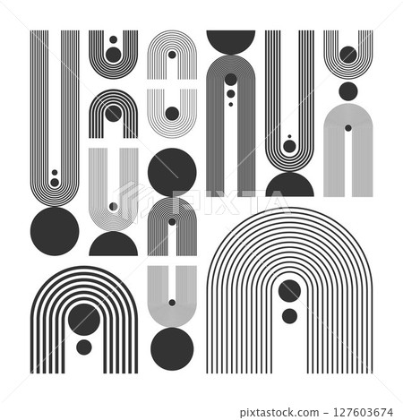 Arch and circle elements, modern geometric shapes. Contemporary design, mid century minimalist art. Trendy design elements for wall decor, posters, books, covers and flyers. Vector illustration 127603674