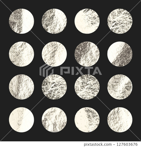 Silver foil, shiny handmade circles. Golden glittering texture, pattern. Luxury shining hand drawn background. Wedding, greeting card decoration elements. Modern minimalist art. Vector illustration 127603676