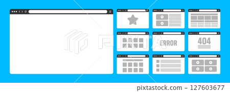 Web browser window, pages layout with toolbar and search field. Modern website, internet page in flat style. Browser mockup for computer, tablet and smartphone. Adaptive UI. Vector illustration Web browser window, pages layout with toolbar and search field. Modern website, internet page in flat style. Browser mockup for computer, tablet and smartphone. Adaptive UI. Vector illustration 127603677