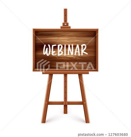 Wooden chalkboard on easel. Blackboard in wooden frame on a tripod. Presentation board with text, writing or drawing surface. Online studying, learning mockup. Vector illustration 127603680