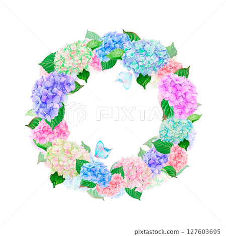 Watercolor hydrangea flower wreath is hand drawn, composed of pink, purple blue, coral and beige hydrangea flowers, leaves and blue butterflies. 127603695