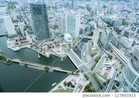 Minato Mirai view from the observation deck of Landmark Tower, Yokohama, Kanagawa, Japan 127603913