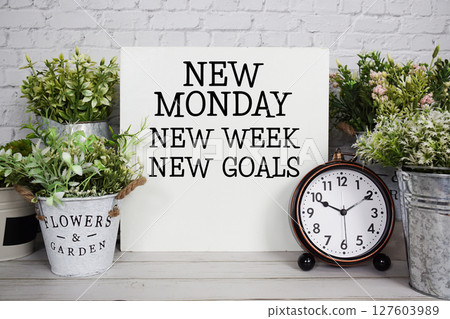 New Monday New Week New Goals Motivational and Inspirational quotes with alarm clock on wooden background 127603989