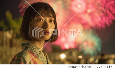 Beautiful woman portrait with fireworks background Beautiful woman portrait with fireworks background 127604116