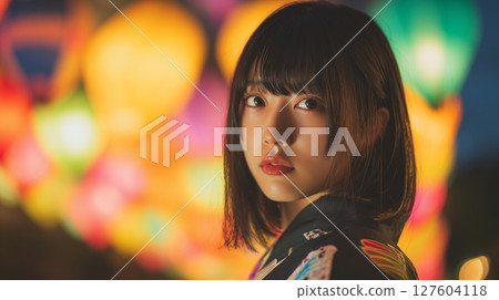 有煙火背景的美麗的女人肖像 127604118