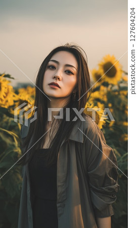 Portrait of a beautiful woman with a background of a sunflower field 127604204