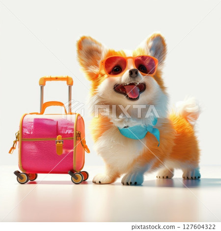 Travel Adventures: exciting travel destinations, road trips, or adventure tours with a cheerful canine companion. dog with travel suitcase. 127604322