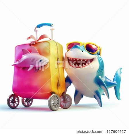 A happy shark, holding a bright, colorful suitcase, embarks on a journey of fun and relaxation in this whimsical 3D scene. 127604327