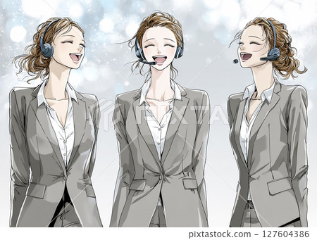 一位戴著耳機在辦公室工作的女性的插圖素材 127604386