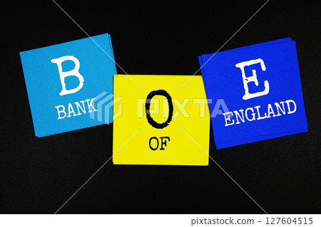 BOE - Bank Of England acronym text on sticky note on black background 127604515