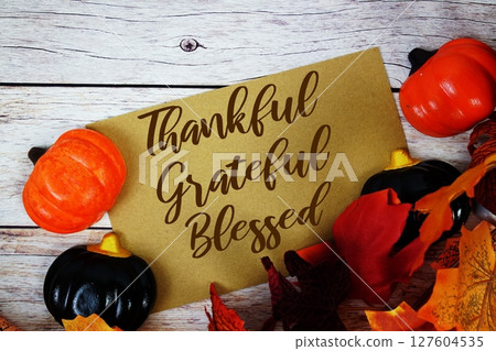 Thankful, Grateful, Blessed text with element decorations on wooden background Thankful, Grateful, Blessed text with element decorations on wooden background 127604535