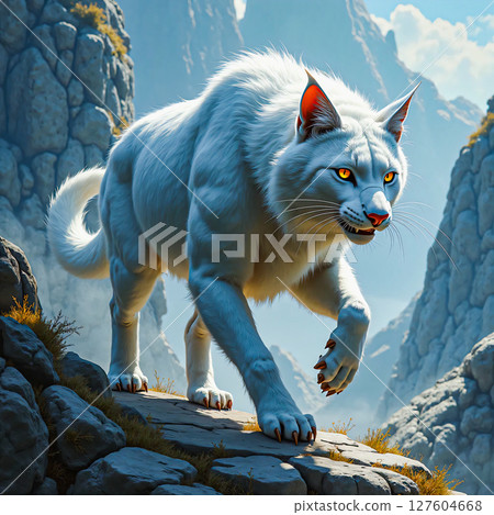 White feline predator. A mythical white cat with piercing yellow-orange eyes roams the rocky mountain landscape. 127604668