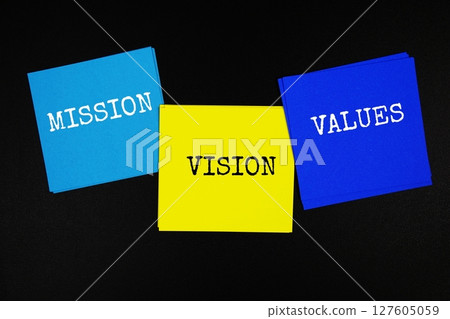 Mission, Vision, Vales text on sticky note on black background Mission, Vision, Vales text on sticky note on black background 127605059