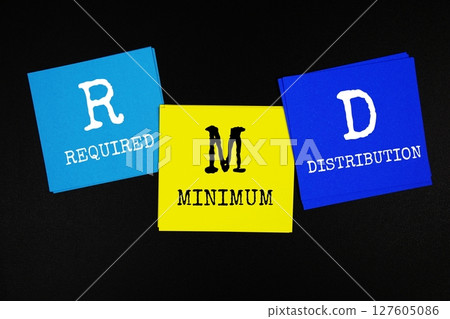 RMD - Required Minimum Distribution acronym text on sticky note on black background 127605086