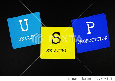 USP - Unique Selling Proposition acronym text on sticky note on black background 127605101