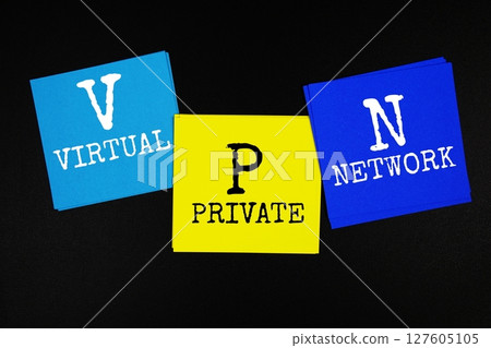 VPN - Virtual Private Network acronym text on sticky note on black background VPN - Virtual Private Network acronym text on sticky note on black background 127605105
