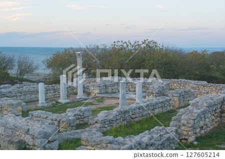 Ruins of the ancient and medieval city of Tauride Chersonesos. Russia, Republic of Crimea, city of Sevastopol. 127605214