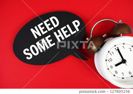 Need Some Help text on speech bubble with alarm clock on red background 127605256