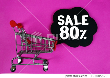 Sale 80% text with speech bubble and trolley shopping cart on pink background 127605320