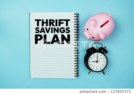 TSP abbreviation of Thrift Savings Plan text on notebook paper and piggy bank and alarm clock on blue background 127605373
