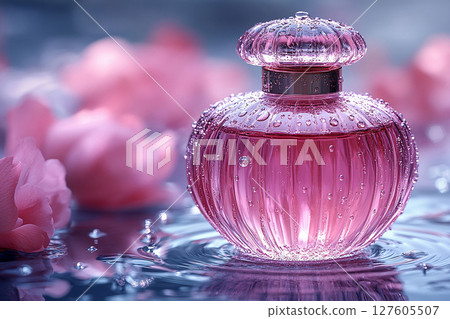 Premium perfume bottle covered in dew drops. Luxury fragrance marketing, product photography and beauty blogs. Premium perfume bottle covered in dew drops. Luxury fragrance marketing, product photography and beauty blogs. 127605507