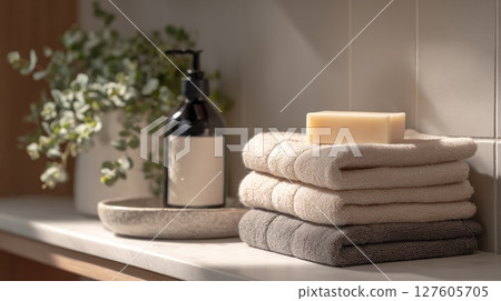 Stacked Towels and Soap in a Cozy and Bright Bathroom Setting 127605705
