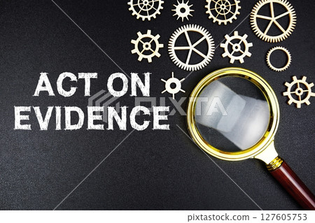 Act On Evidence text message with magnifying glass on black background 127605753