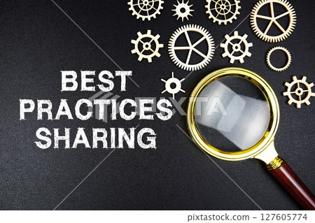 Best Practice Sharing text message with magnifying glass on black background 127605774