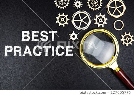 Best Practice text message with magnifying glass on black background 127605775