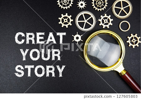Create Your Story text message with magnifying glass on black background 127605803