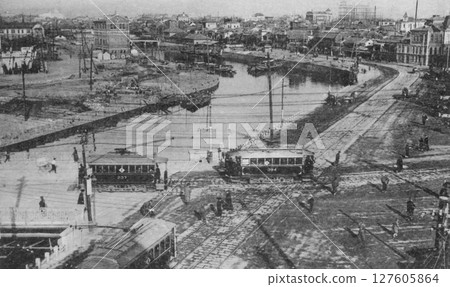 Old photo, 1907-1918, Tokyo, panorama of Sukiyabashi Bridge and the Sotobori River Old photo, 1907-1918, Tokyo, panorama of Sukiyabashi Bridge and the Sotobori River 127605864